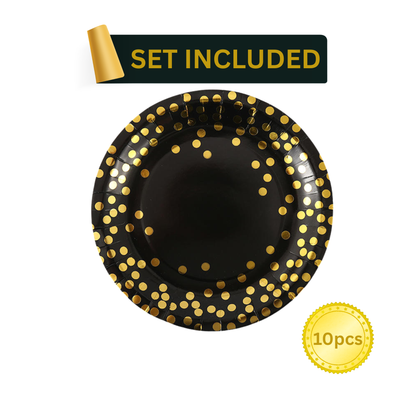Black and gold polka dot disposable dessert plates (10pcs), featuring shiny gold foil dots — stylish addition to black gold party supplies for birthdays, graduations, or cocktail gatherings.