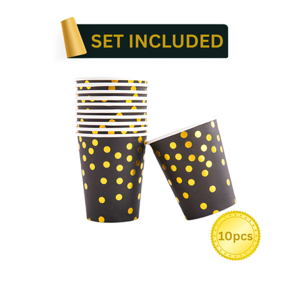 Stack of black and gold polka dot disposable paper cups (10pcs), coordinating with plates and napkins for black gold birthday party supplies — ideal for serving drinks at celebrations or events.