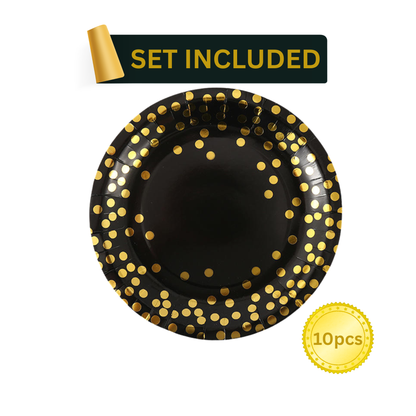 Close-up of black paper dinner plates with gold foil polka dots (10pcs), part of elegant black and gold birthday party supplies set — disposable tableware perfect for dinners, buffets, or themed parties.