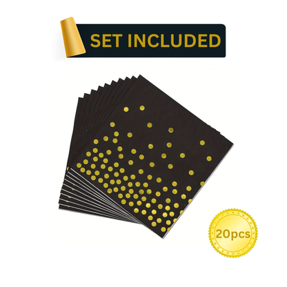 Bundle of 20 black paper napkins with gold foil polka dots, essential for black and gold birthday party table settings — luxurious disposable napkins matching plates, cups, and cutlery.