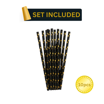 Set of 10 black paper straws with gold polka dot print, included in black and gold birthday party tableware kits — stylish disposable straws for cocktails, drinks, or elegant party decor.