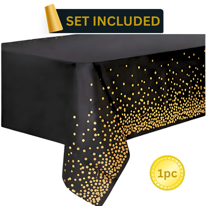 Large black tablecloth with shimmering gold foil polka dots (1pc), perfect base for black and gold birthday party setups — disposable rectangular table cover for elegant events and easy cleanup.