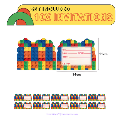 Set of 10 colorful brick-themed birthday invitations with fill-in-the-blank lines.