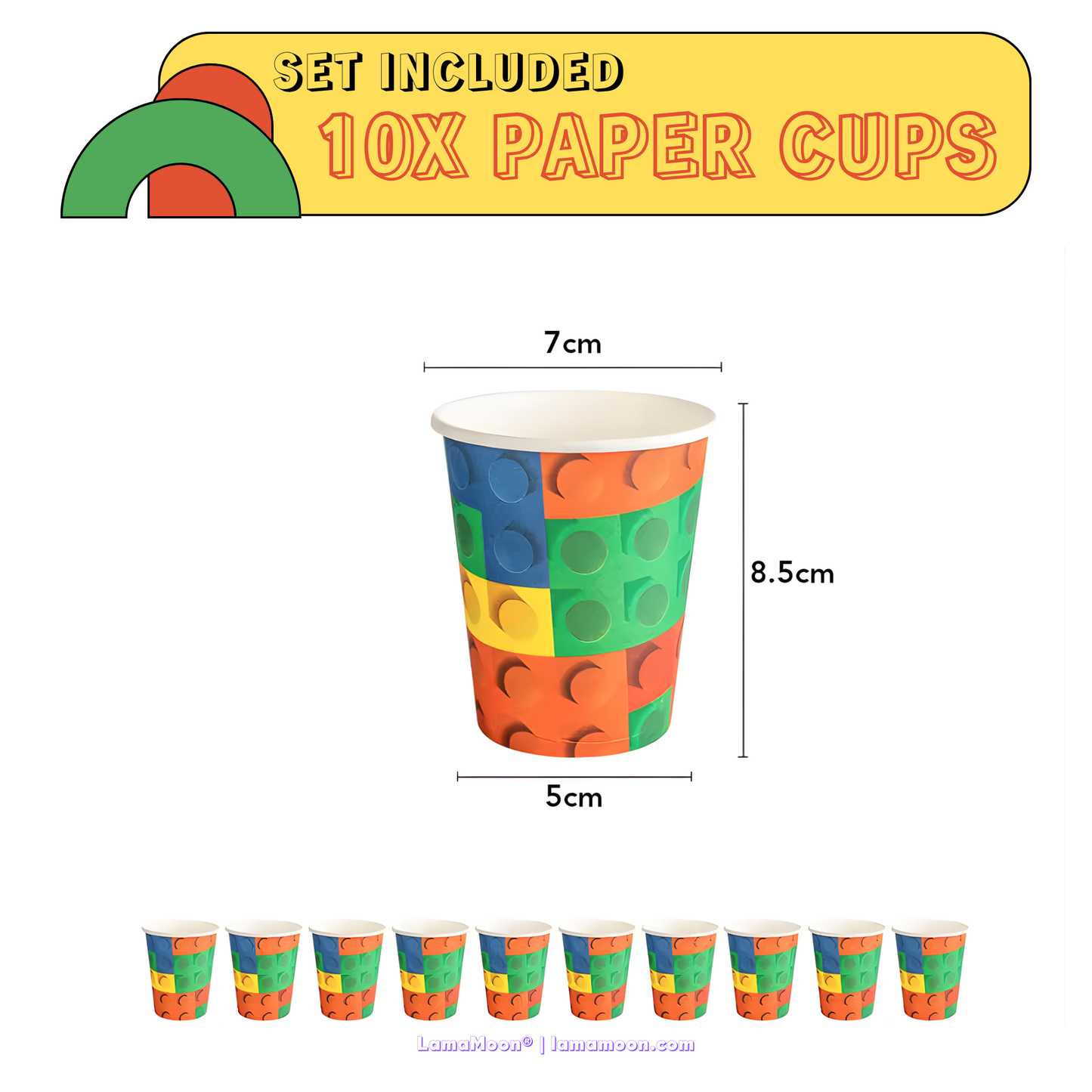 10-pack of disposable paper cups with colorful building block theme.