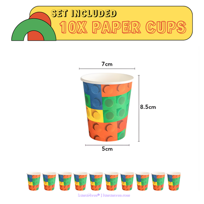 10-pack of disposable paper cups with colorful building block theme.