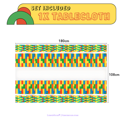 Large disposable plastic tablecloth with interlocking brick pattern on the borders.