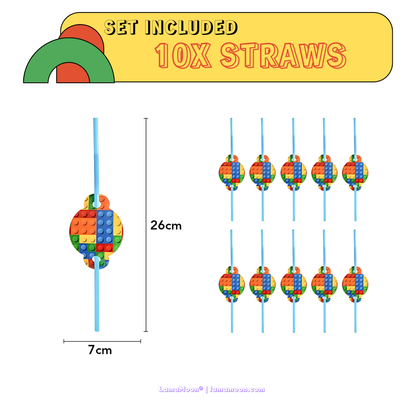 10 colorful party straws with building block medallion decorations.