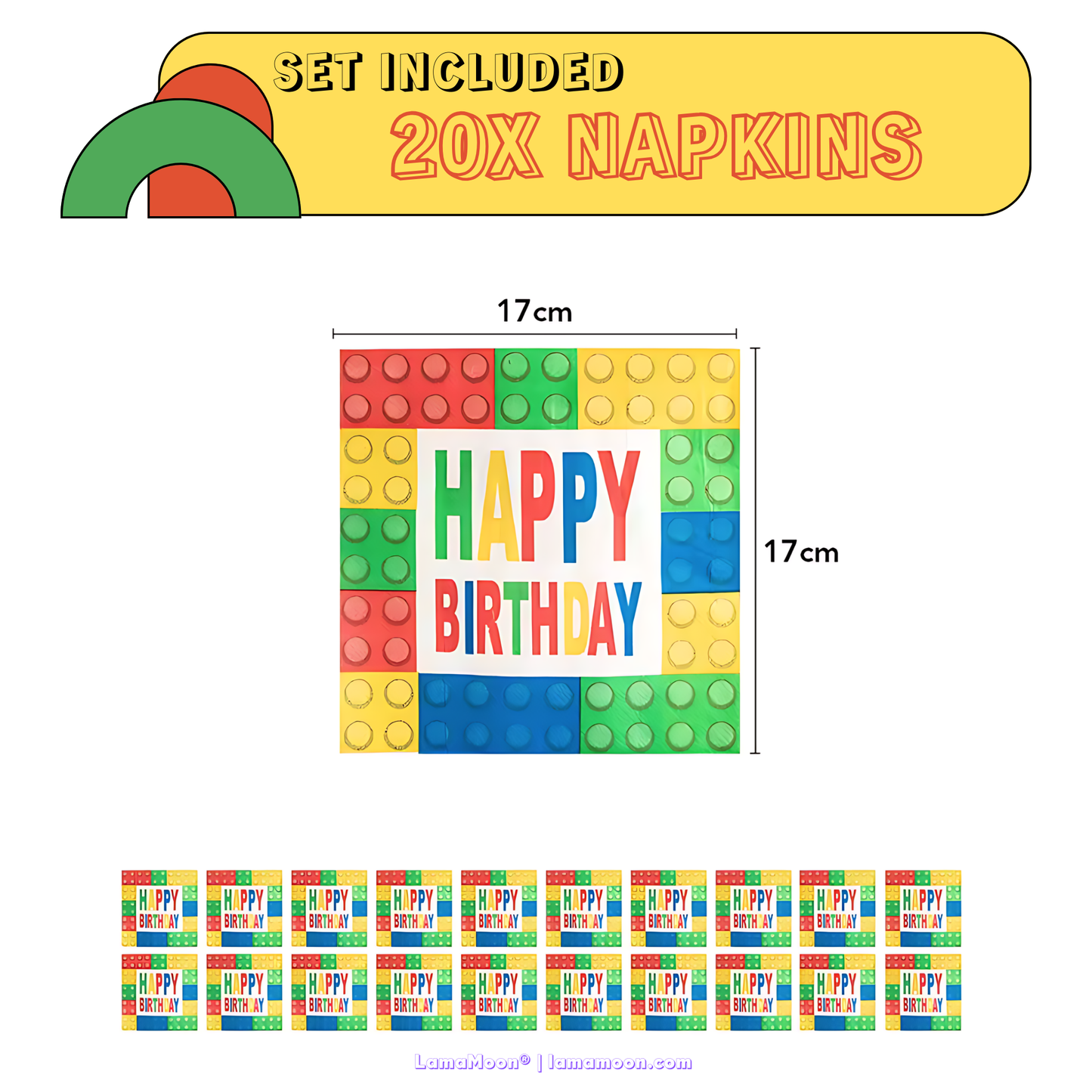 20-count pack of "Happy Birthday" napkins with building block border design