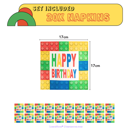 20-count pack of "Happy Birthday" napkins with building block border design