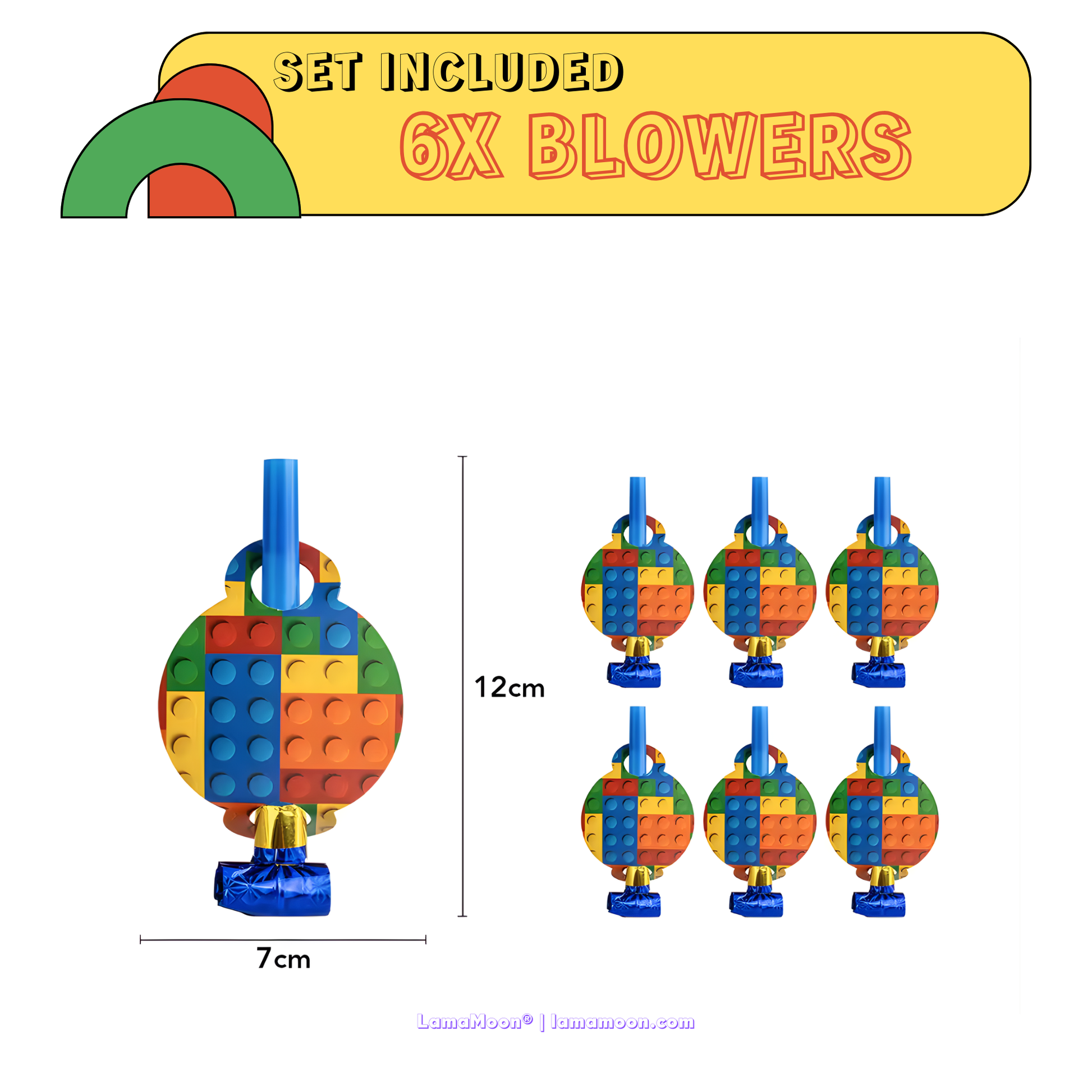 6-piece set of party blowers with brick-themed decorative attachments.
