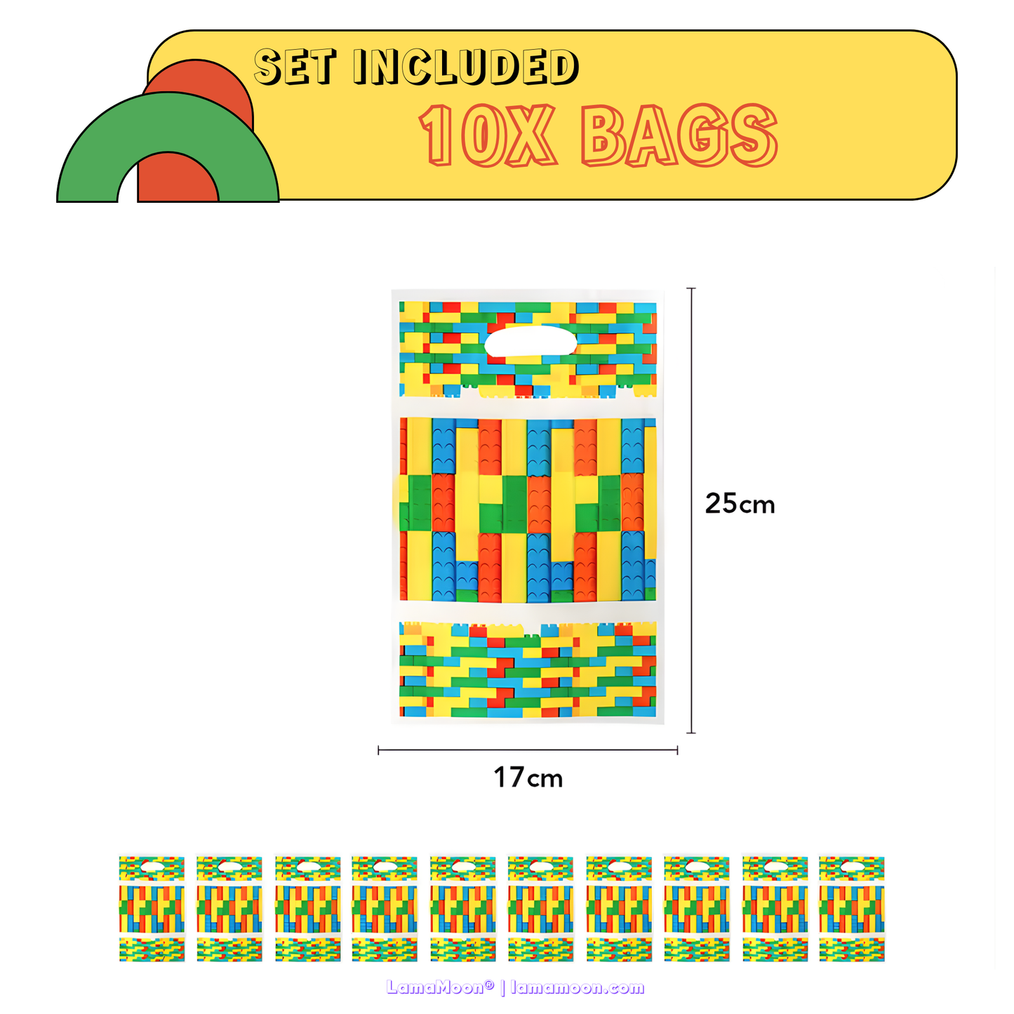 10 colorful treat bags with building block pattern for party favors.