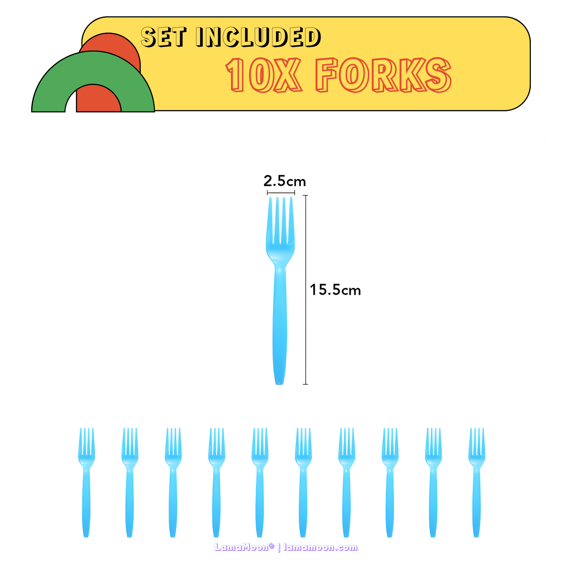 10-piece set of sturdy blue disposable plastic forks for themed celebrations.