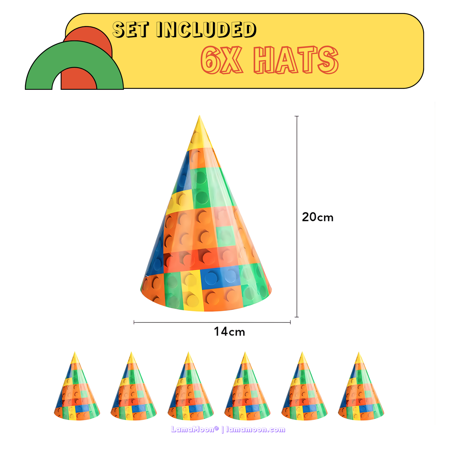 6-pack of cone-shaped party hats with vibrant interlocking brick design