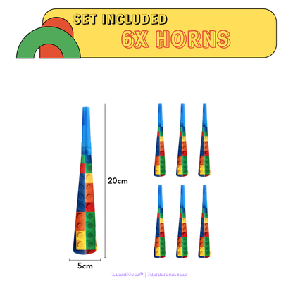 Set of 6 party horns (20cm) with colorful building block cone design.