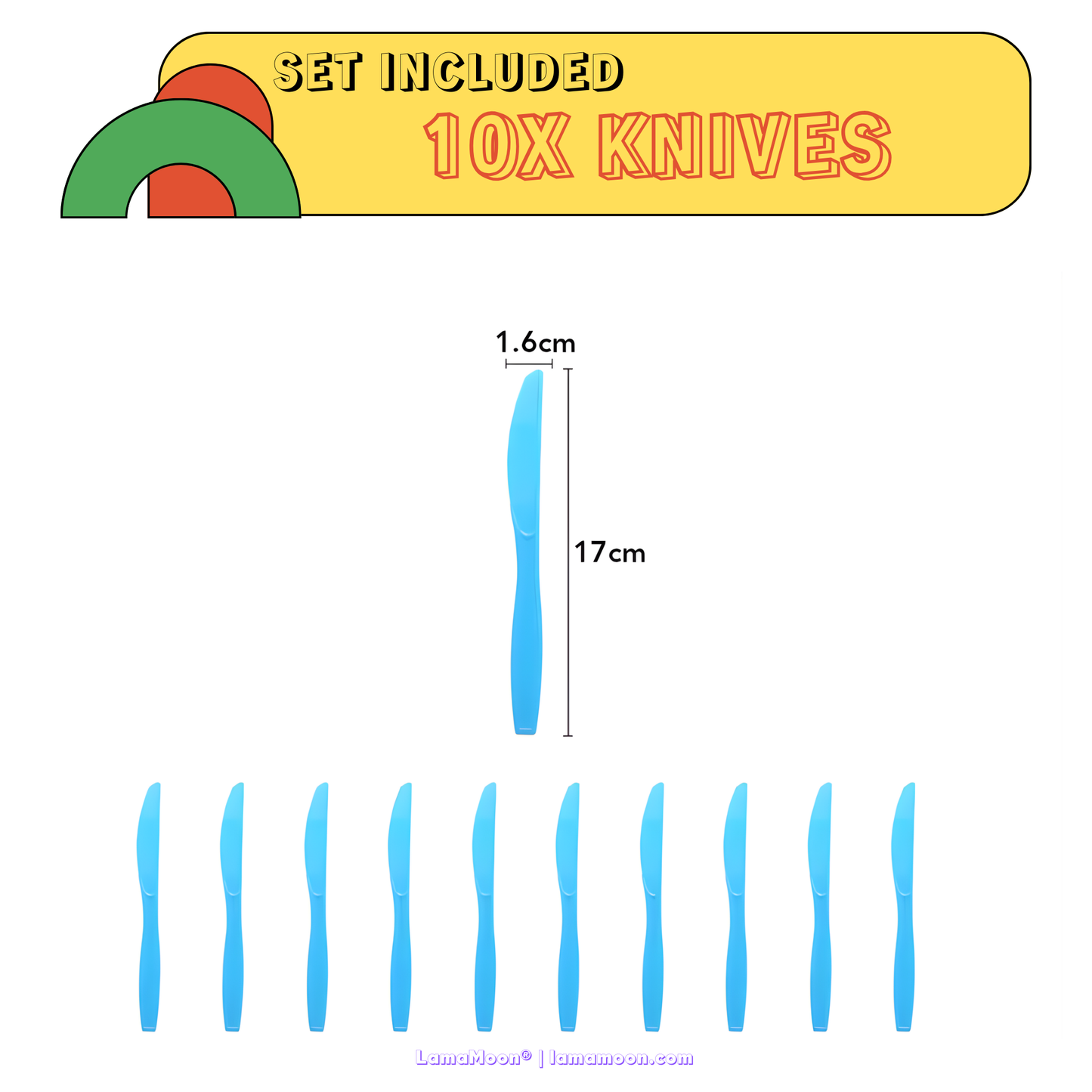 10-piece set of sturdy blue disposable plastic knives for birthday parties.