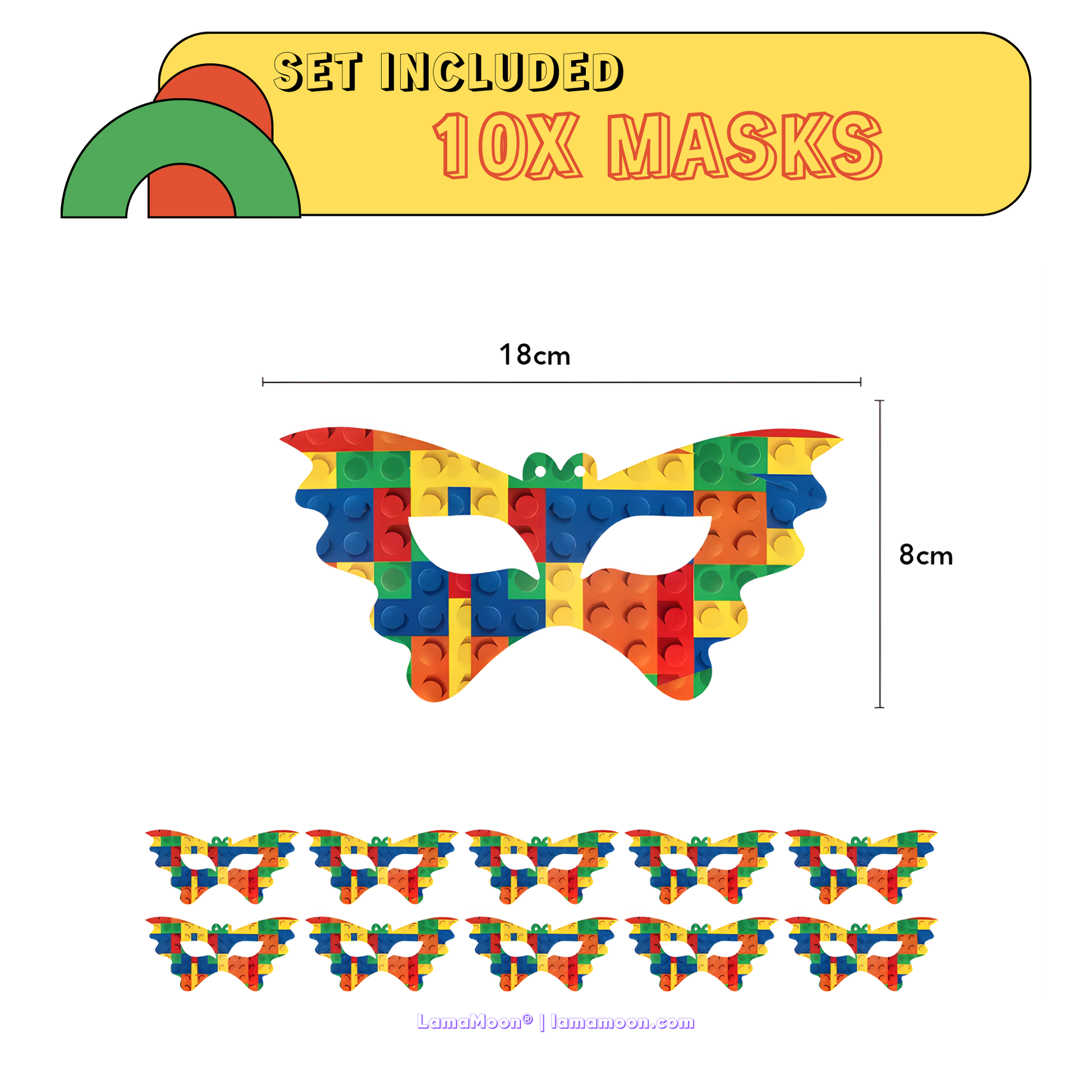 Set of 10 cardstock party masks featuring colorful building block patterns.