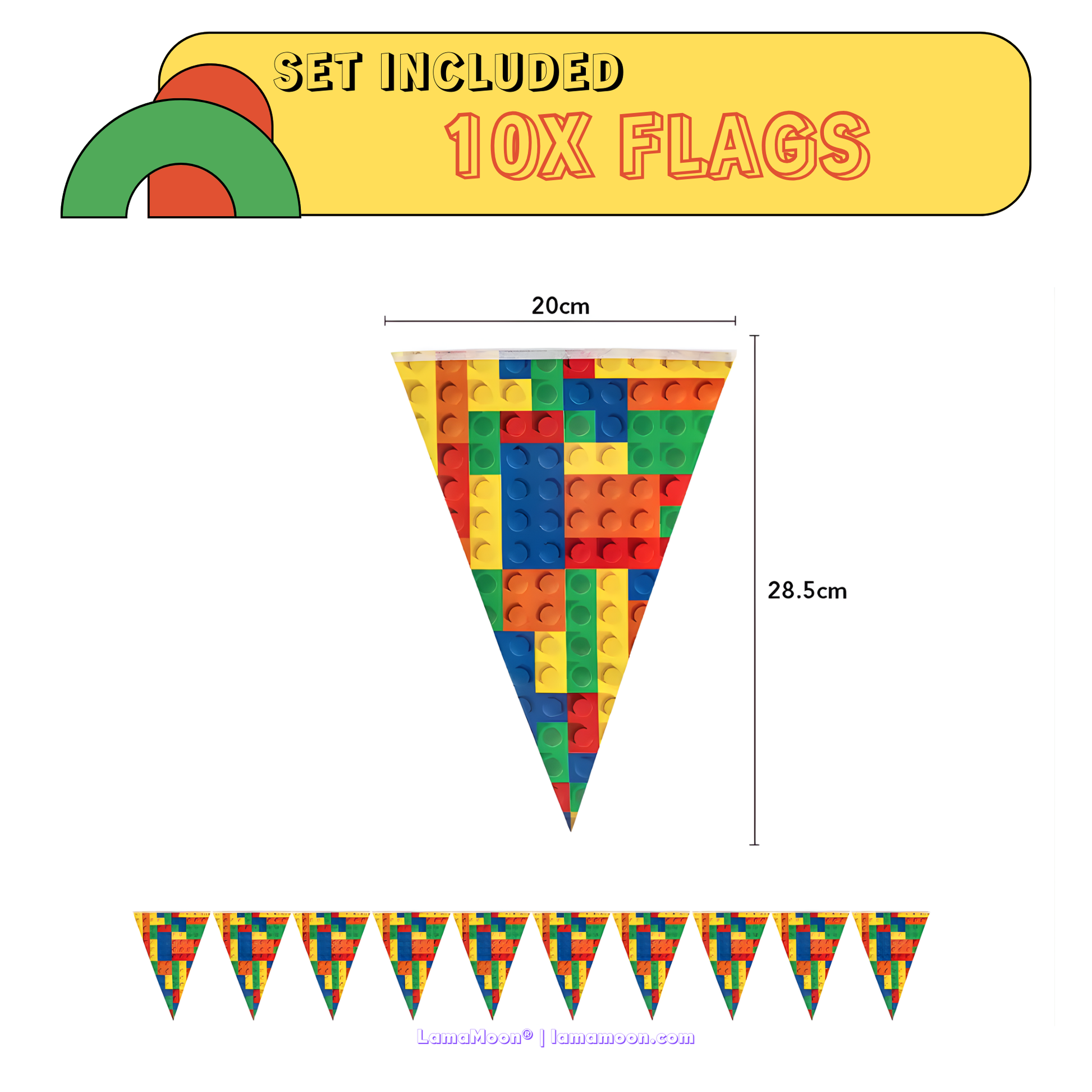 Colorful triangle pennant flag banner with building block pattern for party decor.