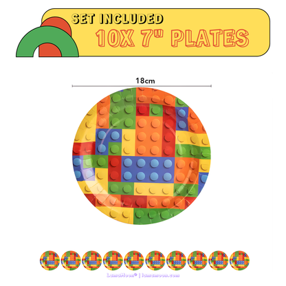 Set of 10 small 7-inch dessert plates with building block brick pattern.