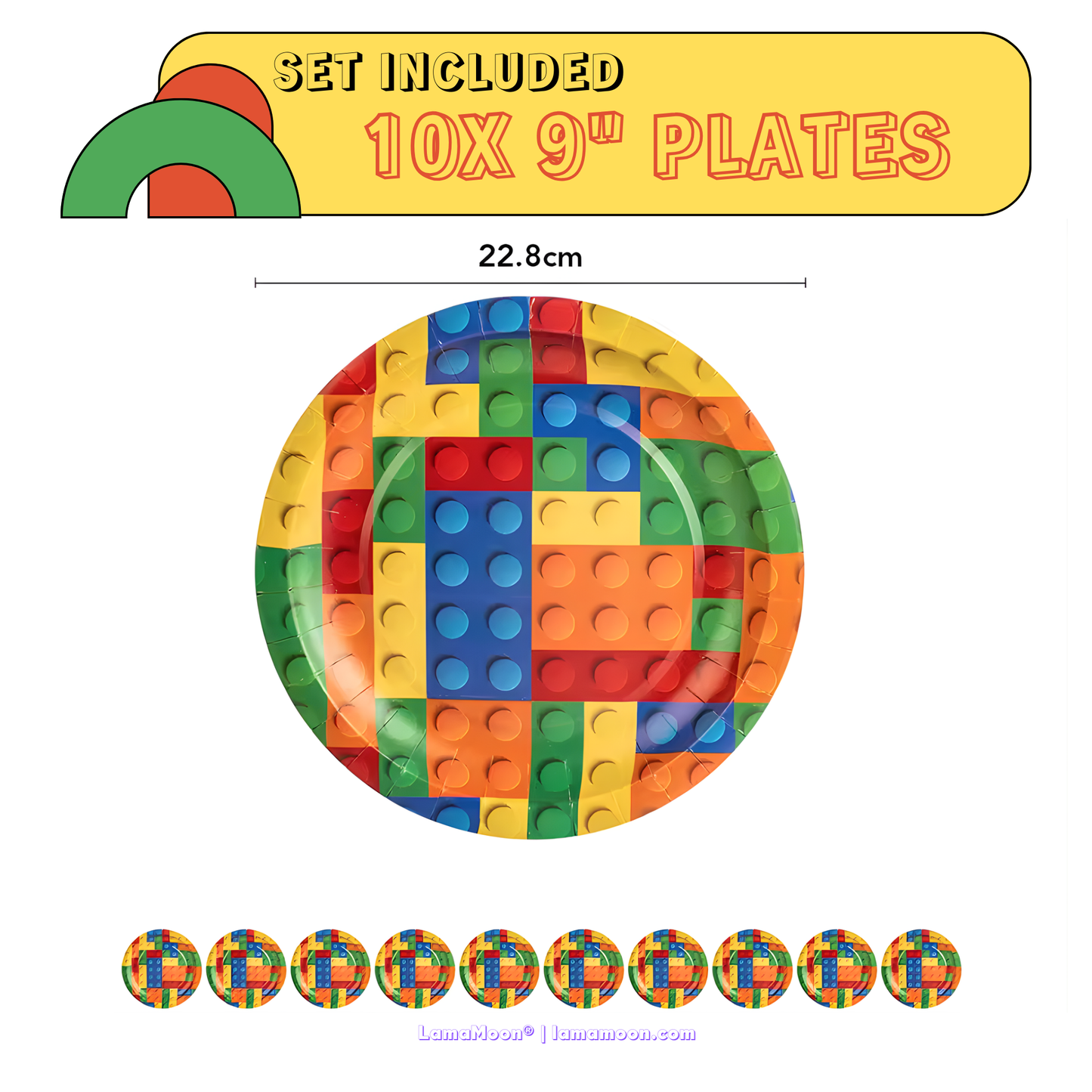 Set of 10 large 9-inch dinner plates featuring vibrant building block design.