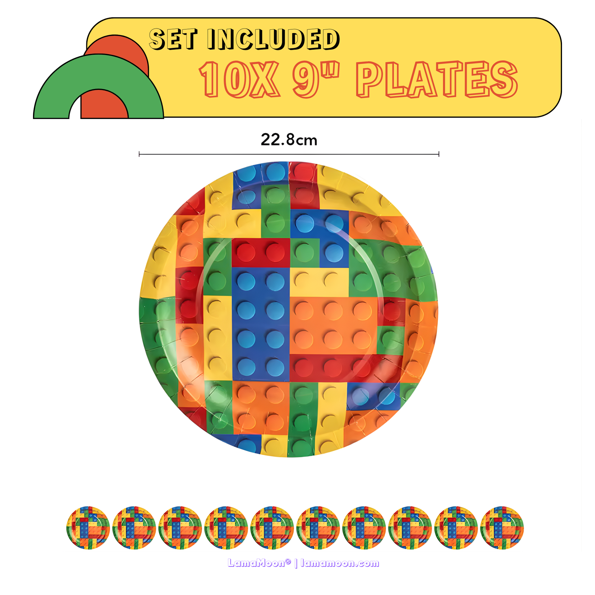 Set of 10 large 9-inch dinner plates featuring vibrant building block design.