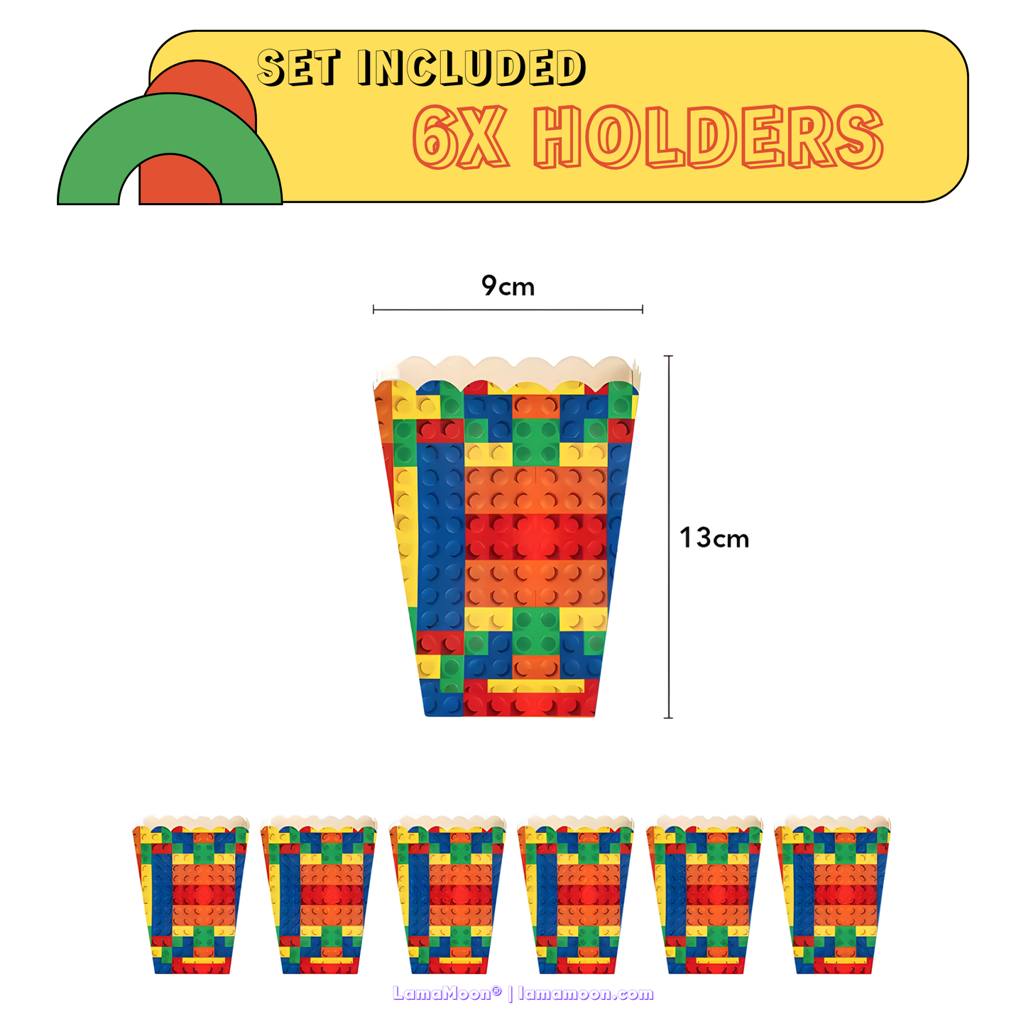 Set of 10 building block themed popcorn boxes and snack holders for birthday parties.
