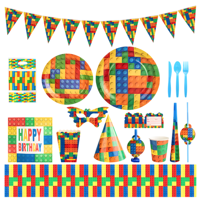 Complete Building Blocks Party Supplies Bundle for 10 guests with all decorations and tableware.
