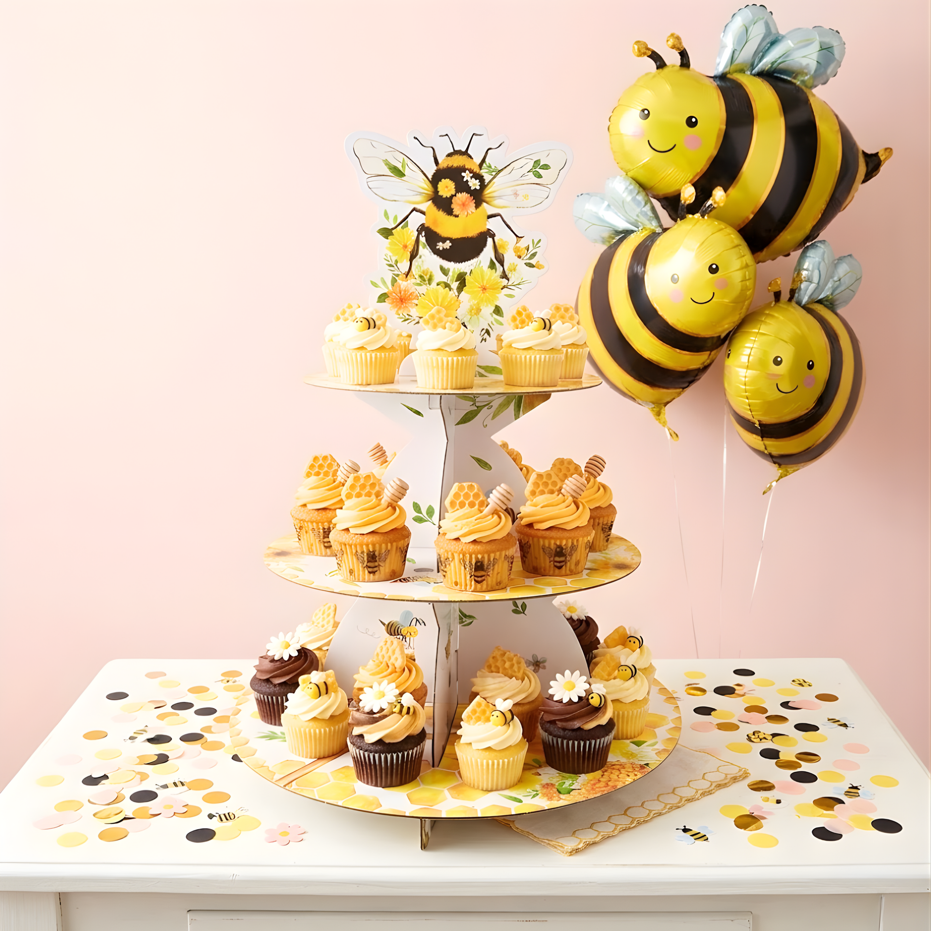 3-tier cardboard cupcake stand with bumble bee theme, decorated with yellow flowers and bees, displayed with cupcakes and matching bee balloons.