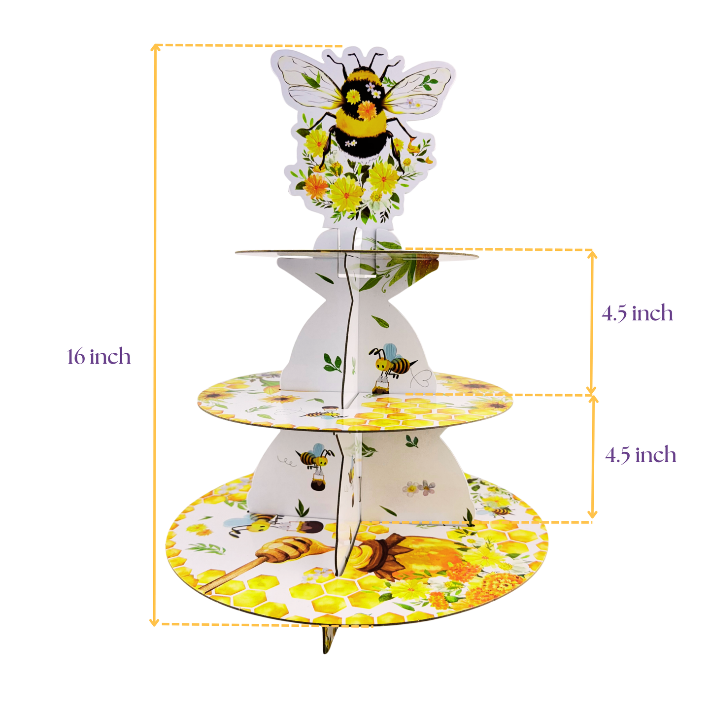 Measurement specifications for the 3-tier bumble bee cupcake stand, showing total height and tier diameter in inches.
