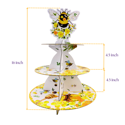 Measurement specifications for the 3-tier bumble bee cupcake stand, showing total height and tier diameter in inches.