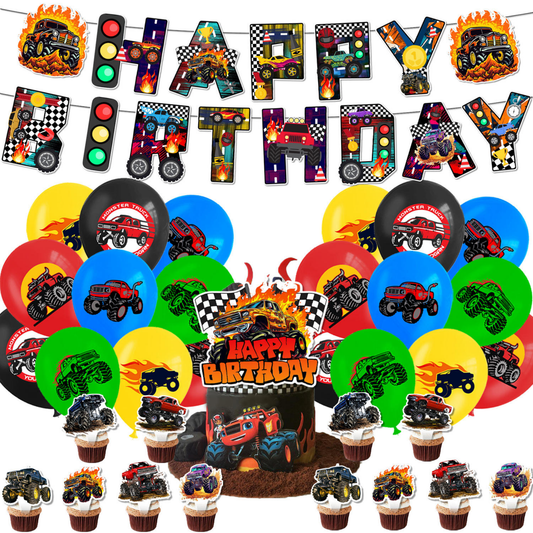 A complete monster truck-themed birthday party decoration set featuring a 'Happy Birthday' banner, cake topper, various monster truck character cupcakes, and colorful latex balloons, all set against a white background with tire track motifs.