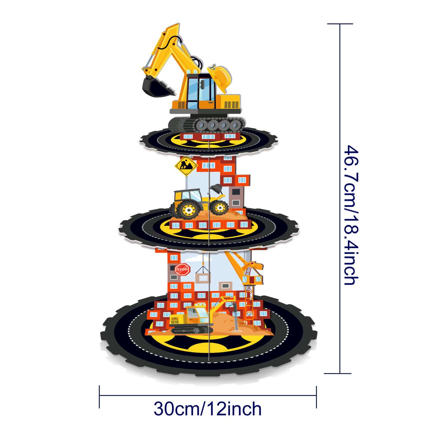 Party cupcake holder tower with excavator on a white background, showing dimensions.