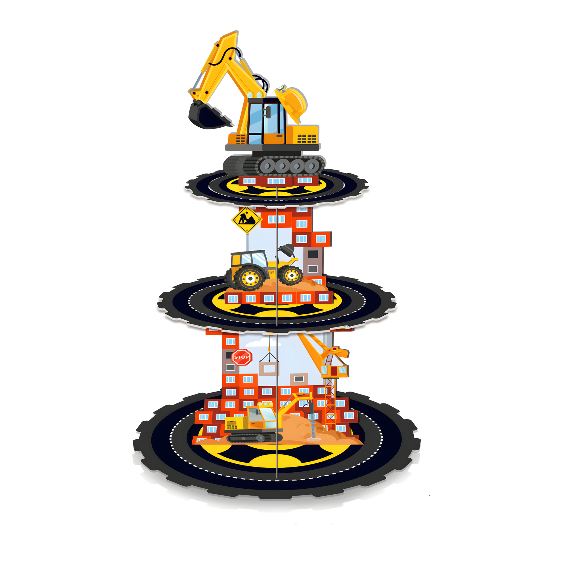 Three-tier cardboard construction vehicle cupcake stand with excavator top and tire base.