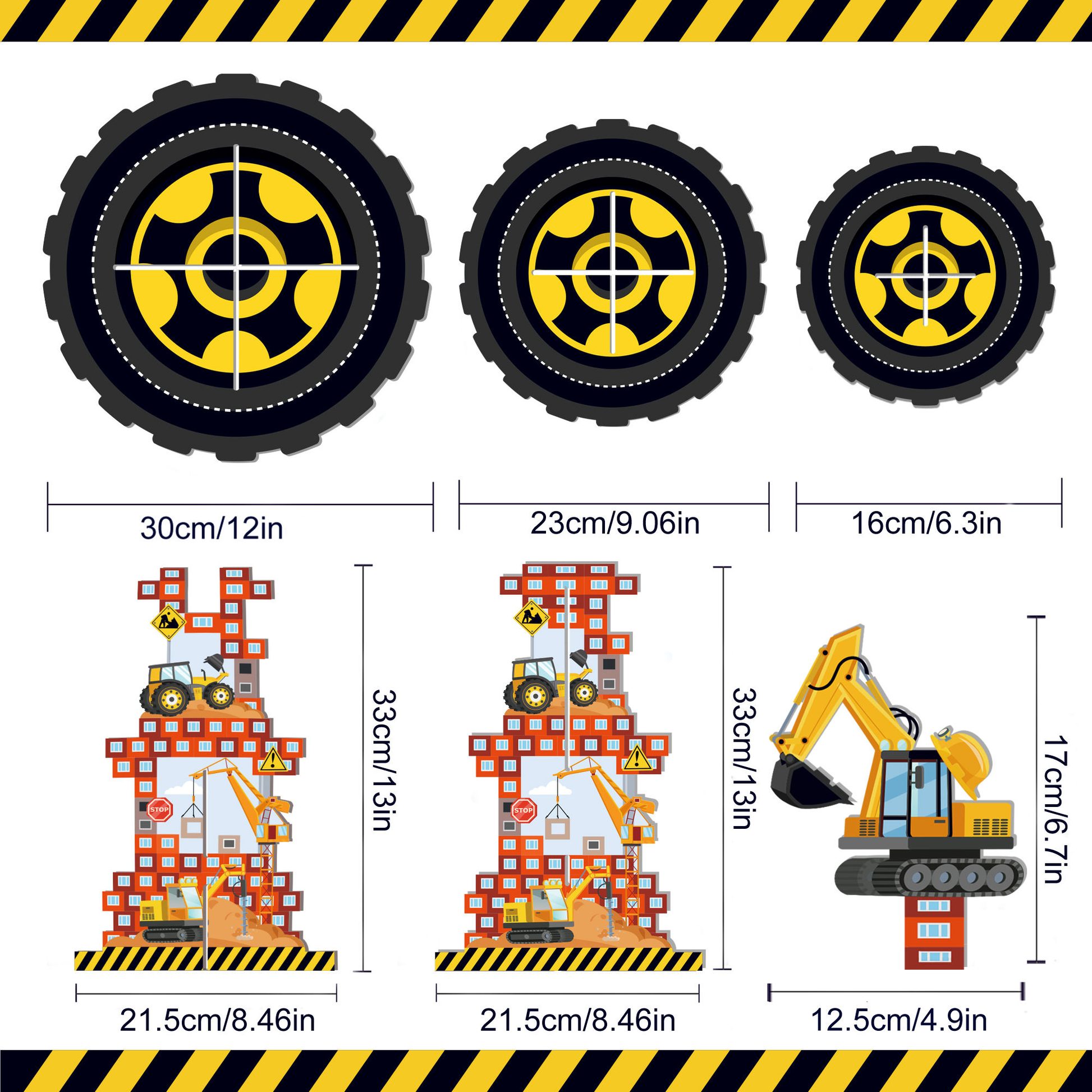 Diagram showing the individual tire platters, pillar bases, and topper cutouts that make up the construction party cupcake stand.
