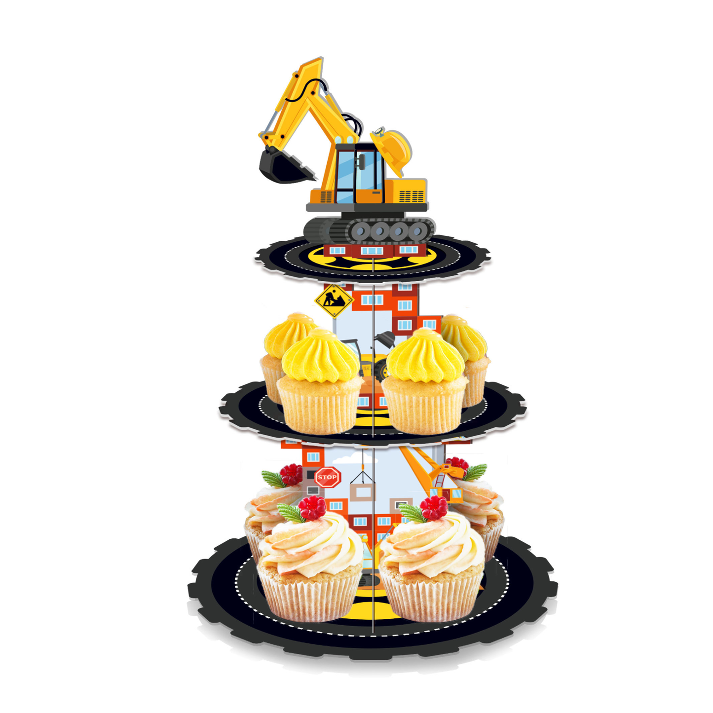 Three-tiered cupcake stand with construction theme featuring a digger and building blocks.
