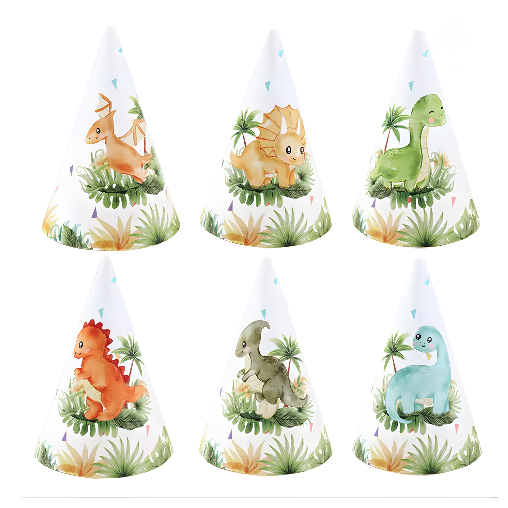 Set of six dinosaur-themed party hats with illustrations on a white background