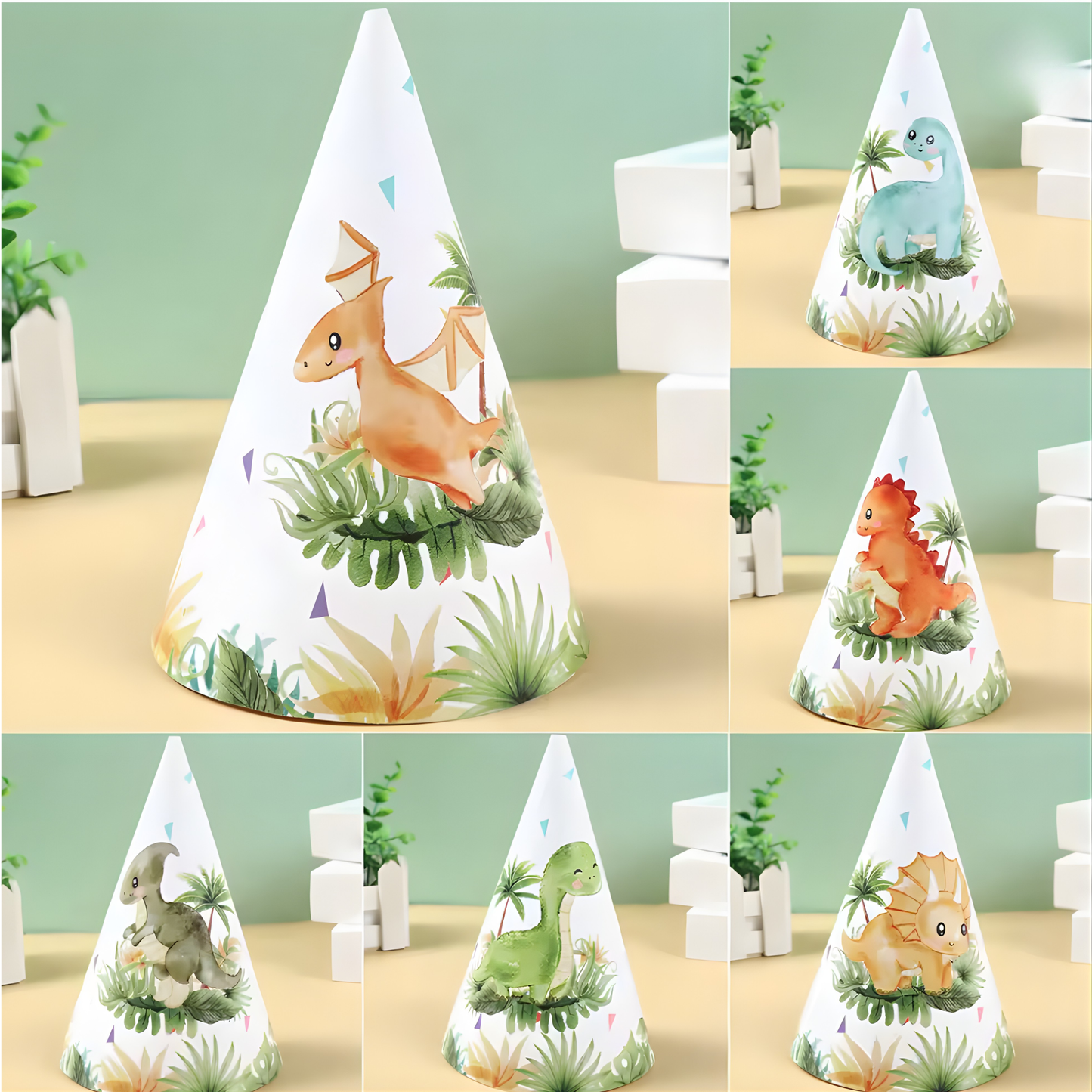 A collage showing close-up details of individual dinosaur party hats, including a light blue Brachiosaurus, an orange T-Rex, and a green Stegosaurus on a soft green and tan background.