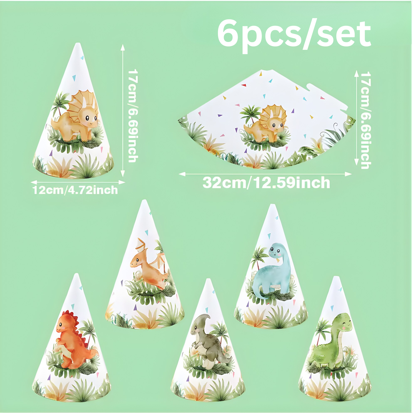 Product dimensions for dinosaur party hats showing a height of 17cm (6.69 inches) and a flat width of 32cm (12.59 inches), illustrating how the hat folds into a cone.