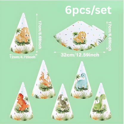 Product dimensions for dinosaur party hats showing a height of 17cm (6.69 inches) and a flat width of 32cm (12.59 inches), illustrating how the hat folds into a cone.