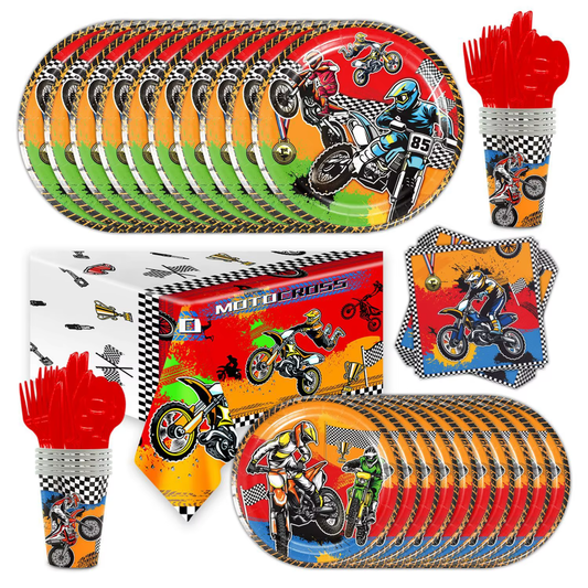 Motocross-themed party supplies including plates, cups, and utensils on a white background.