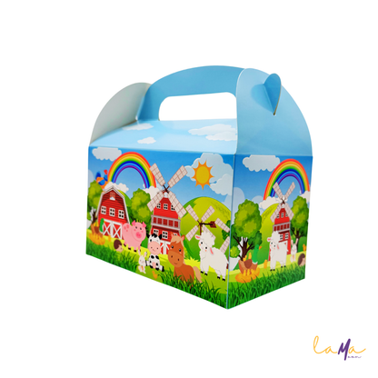 Children's party favor box with farm design, colorful animals, and rainbow on a white background.