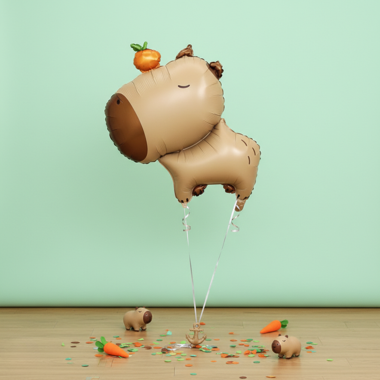 Front view of a giant capybara foil balloon with a realistic animal illustration and orange detai