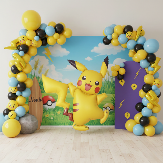 Epic Pokemon-themed balloon garland arch featuring multiple giant yellow Pikachu foil balloons mixed with blue, black, and yellow clusters, set against a scenic Pokemon backdrop with grass, clouds, and lightning bolts, perfect for kids' birthday parties or Pikachu celebrations with personalized "Noah" sign.