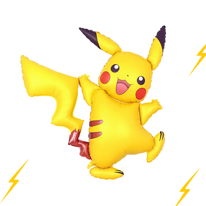 Fully inflated 50-inch giant Pikachu foil balloon viewed from front and side, double-sided print with cheerful yellow Pikachu jumping pose, black ears, red cheeks, lightning accents, and playful expression; reusable durable foil material perfect for helium or air inflation at Pokemon-themed kids' birthdays.