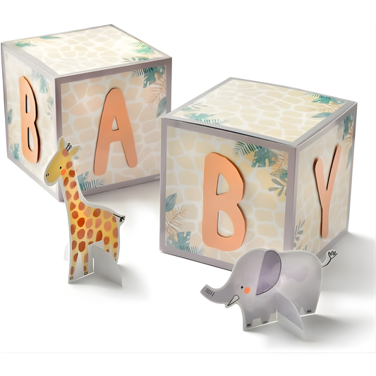 4-piece soft jungle-themed baby shower centerpiece kit featuring 2 baby blocks and 2 animal centerpieces.
