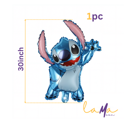 30-inch blue cartoon character balloon with dimensions and 'La Ma' branding on a white background