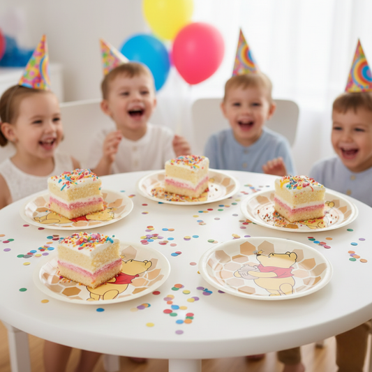 Children at a birthday party with cake and Winnie the Pooh plates.