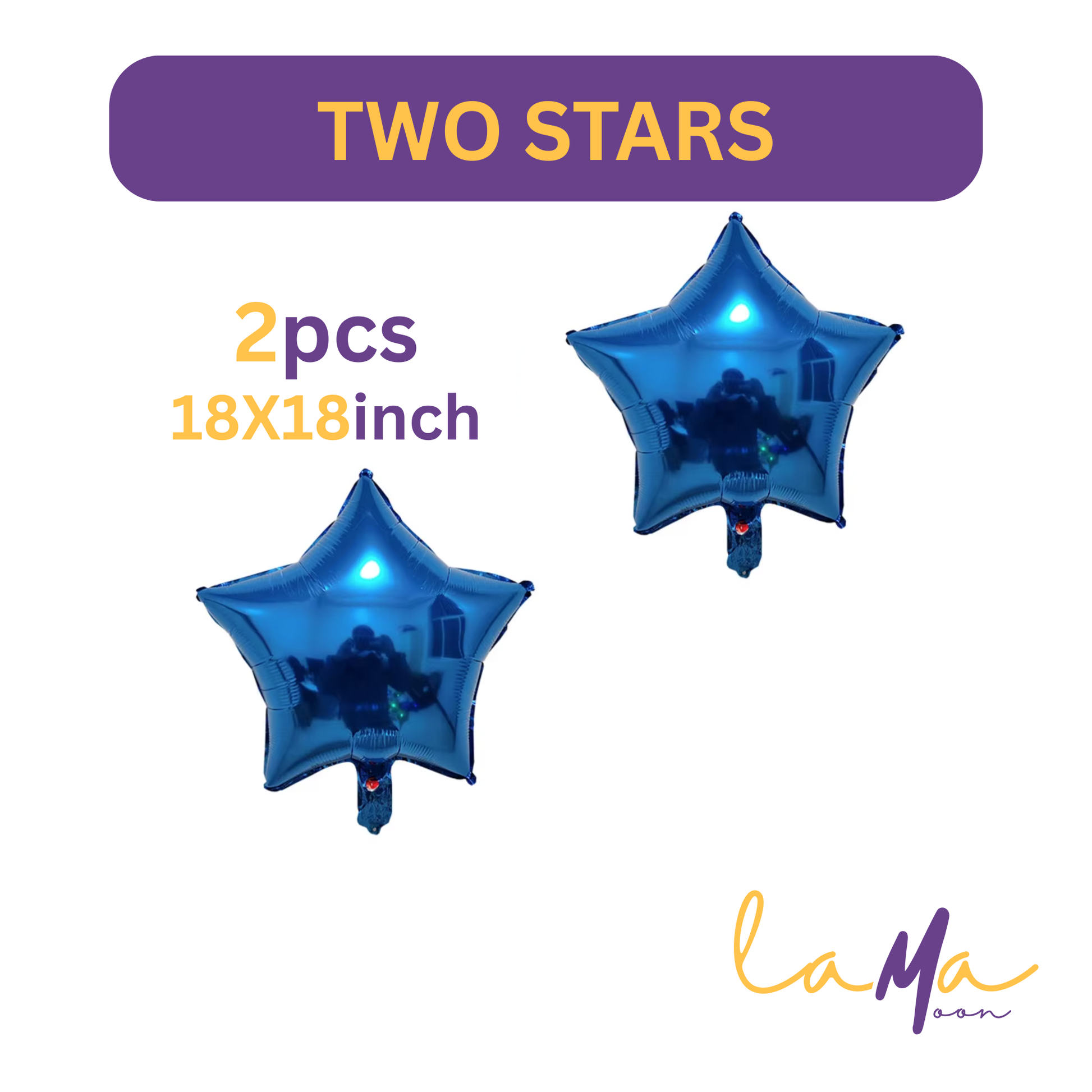 Two blue star-shaped balloons with text indicating size and quantity on a white background.
