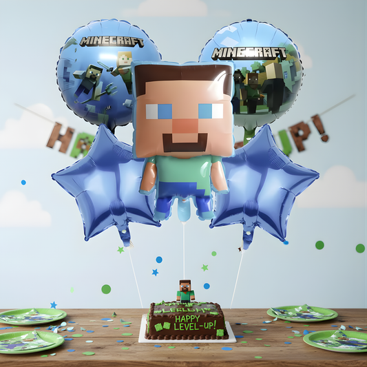 Minecraft-themed birthday party with balloons and cake on a table.