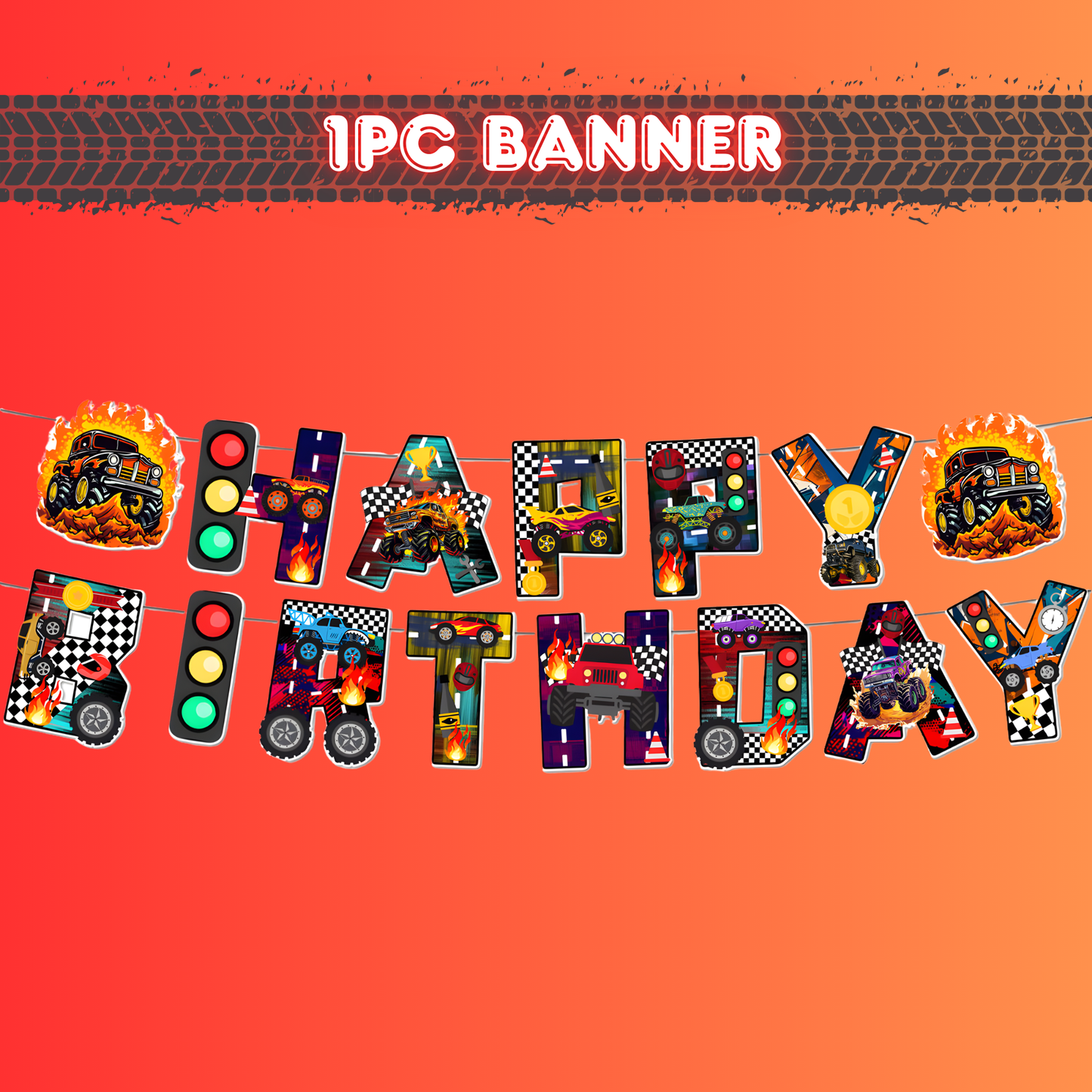 A single monster truck-themed 'Happy Birthday' party banner with colorful letters and small monster truck graphic cutouts, displayed against an orange tire track background with the text '1PC BANNER'.