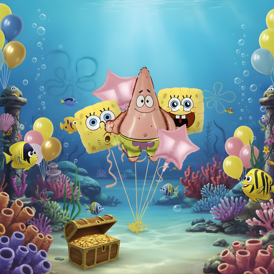 5-piece Patrick Star and SpongeBob foil balloon set including large Patrick, square SpongeBob faces, and pink stars.